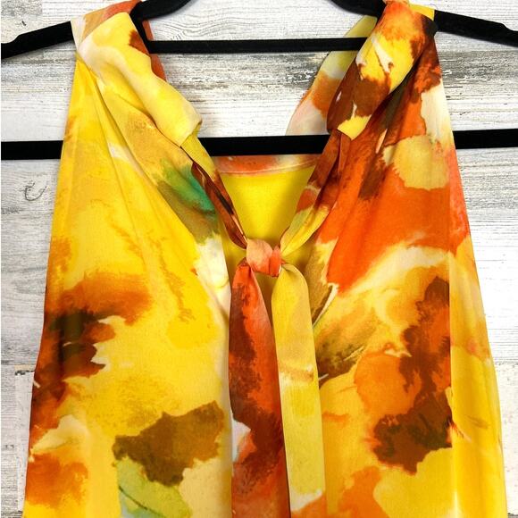 Tahari ASL Womens 10 Yellow Floral Chiffon Halter Neck Lined Tie-Back Maxi Dress - Picture 6 of 8